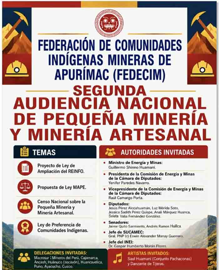 FEDECIM: convoca a la Segunda Audiencia Nacional de Pequeña Minería y Minería Artesanal